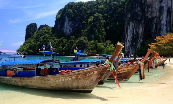 long tail boats along ao nang beach