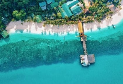 rawa island resort beach emerald waters aerial view