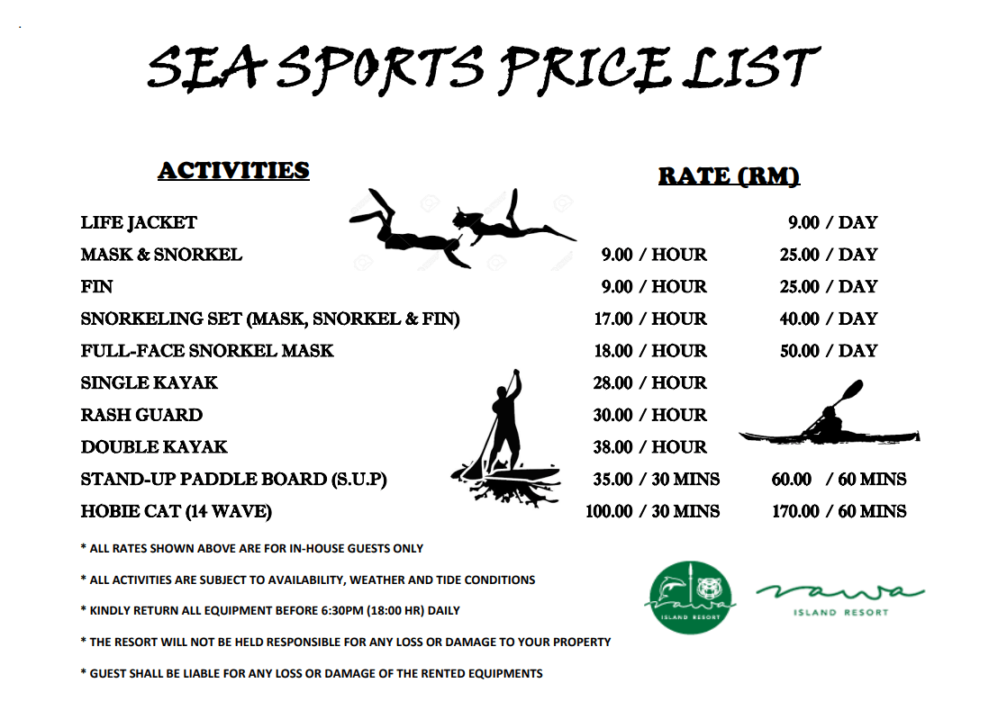 sea sports price list rawa island resort