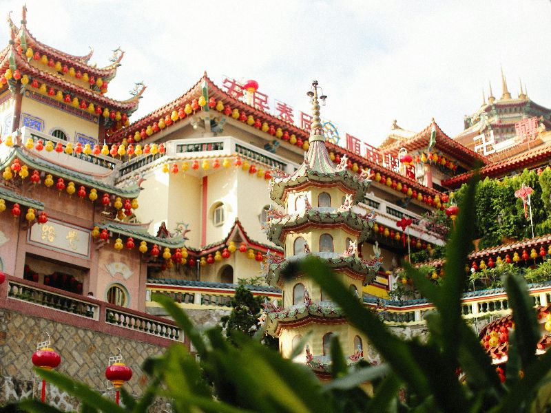 The Kek Lok Si Temple in Penang with brightly coloured lanterns decorating its facade