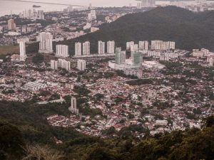 An aerial view of Penang town from the peak of Penang Hill 