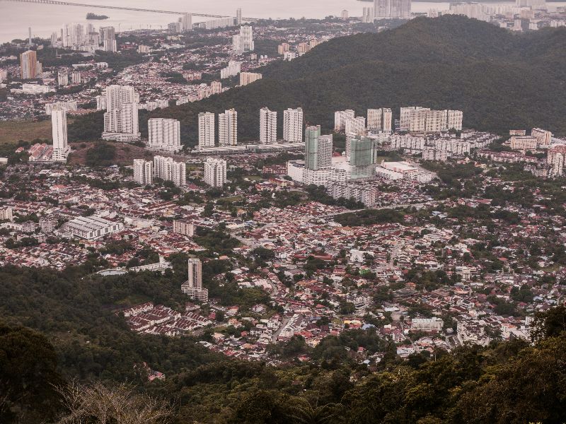 An aerial view of Penang town from the peak of Penang Hill