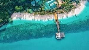 rawa island resort beach emerald waters aerial view